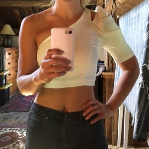 Zara White Textured One-Shoulder Crop-too